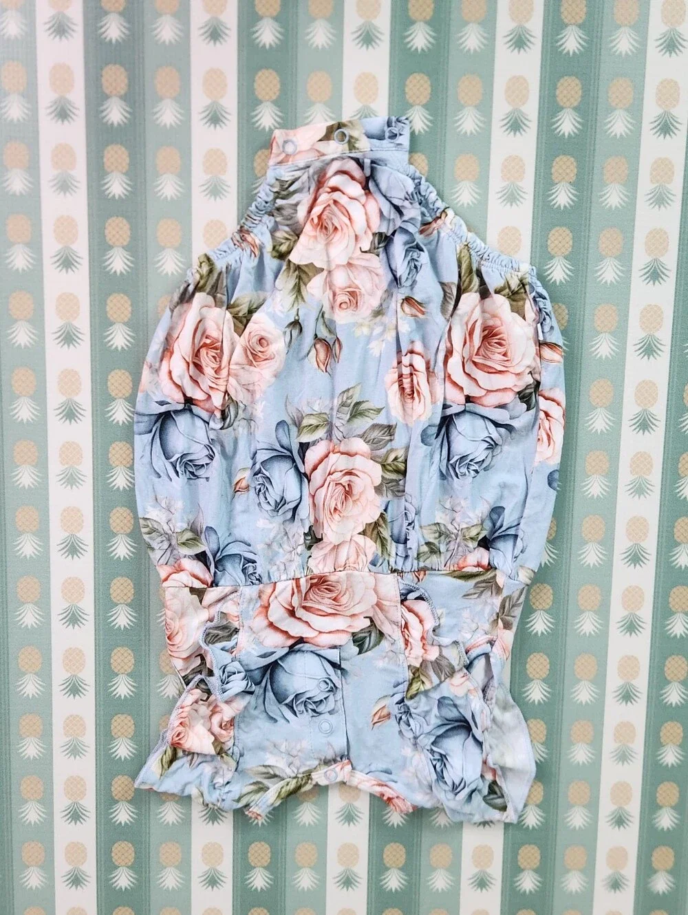 Posh Peanut Blue Floral Baby Romper with Pink Roses